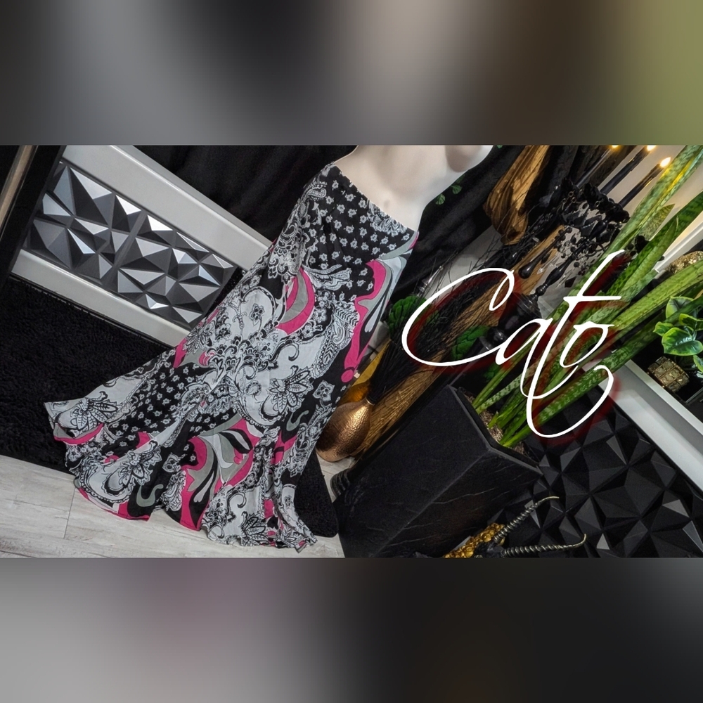 Pink & Black Retro Filigree Godet Maxi Skirt Size 2XL